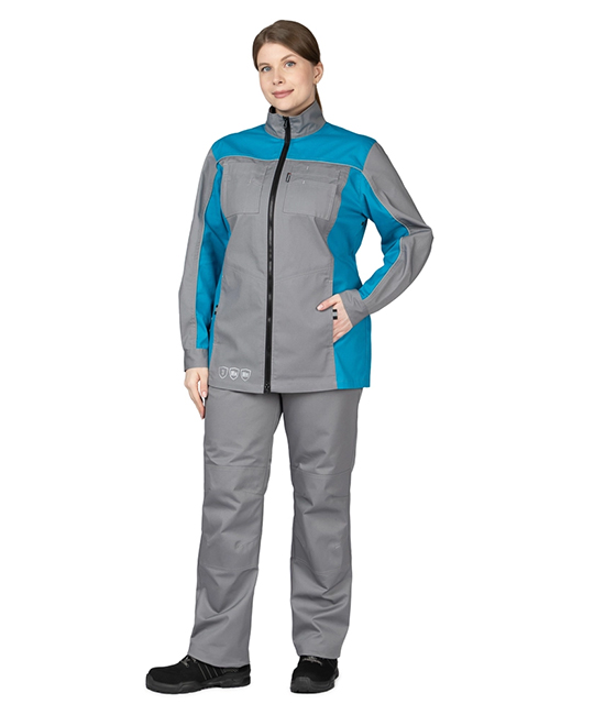 Костюм женский Бренд 1 2020 с удлинённой курткой серый/бирюза фото 2