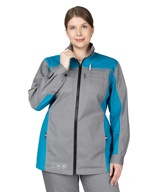 Костюм женский Бренд 1 2020 с удлинённой курткой серый/бирюза фото 4