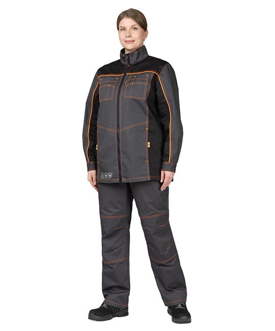 Костюм женский Бренд 1 2020 с удлинённой курткой тёмно-серый/чёрный фото 2